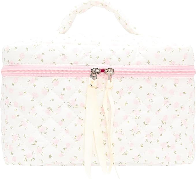 Quilted Makeup Bag for Women, Travel Cosmetic&Toiletry Bag,Flower Pink