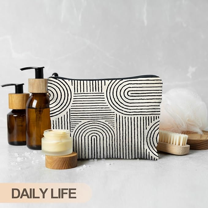 RYYCDOI Abstract Minimalist Black and White Makeup Bag, Aesthetic Boho Rainbow Line Art Cosmetic Bags for Women, Boho Gifts for Women, Contemporary Modern Zipper Makeup Pouch