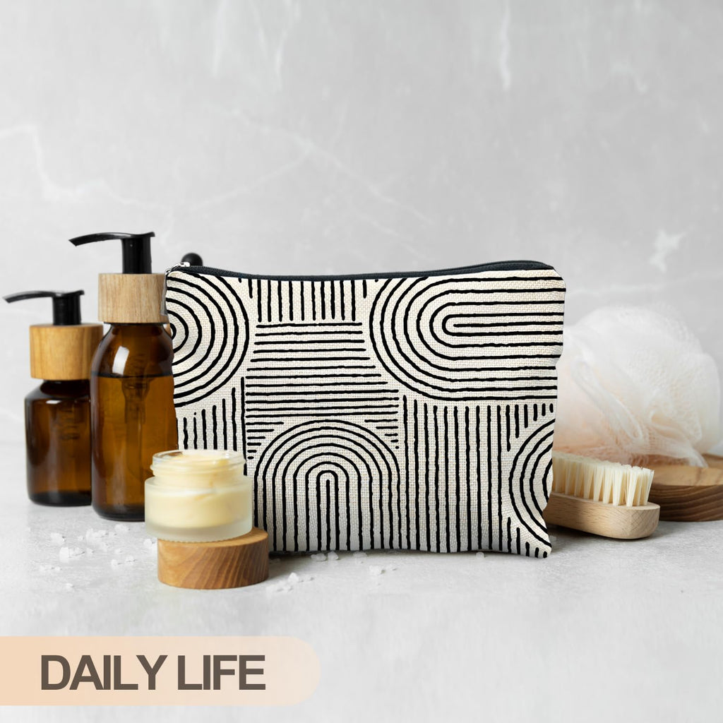 RYYCDOI Abstract Minimalist Black and White Makeup Bag, Aesthetic Boho Rainbow Line Art Cosmetic Bags for Women, Boho Gifts for Women, Contemporary Modern Zipper Makeup Pouch