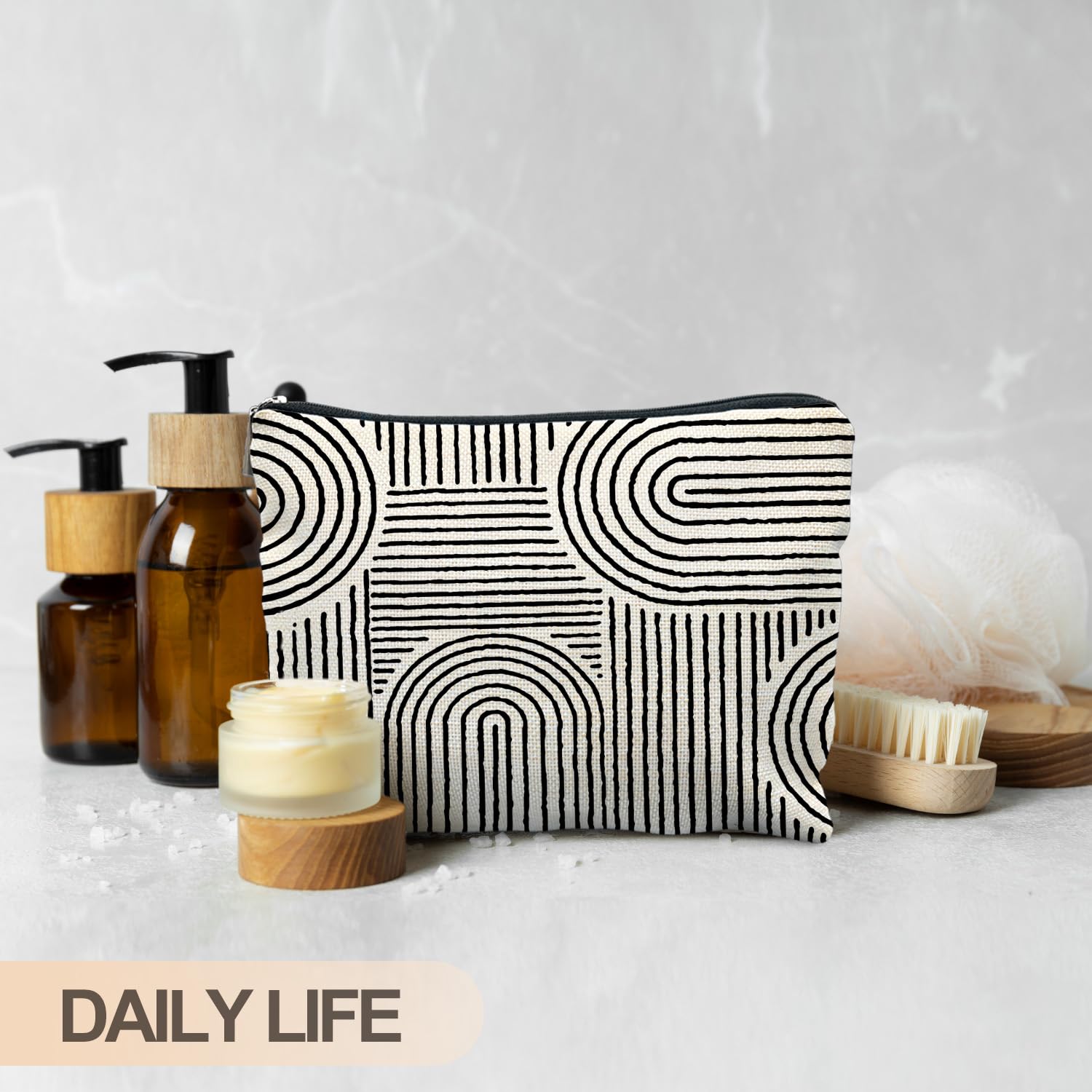 RYYCDOI Abstract Minimalist Black and White Makeup Bag, Aesthetic Boho Rainbow Line Art Cosmetic Bags for Women, Boho Gifts for Women, Contemporary Modern Zipper Makeup Pouch