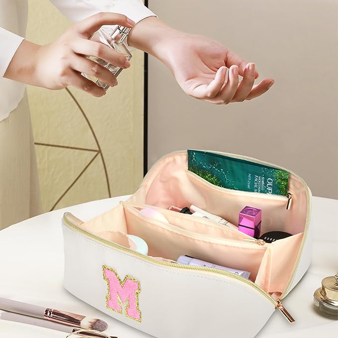 for Christmas Day Gifts, Makeup Bag for Women, PU Leather Travel Toiletry Bags, Initial Make Up Cosmetic Pouch for Teen Girls, Wide Open Portable Skincare Bag, Personalized Birthday Gifts, White Y