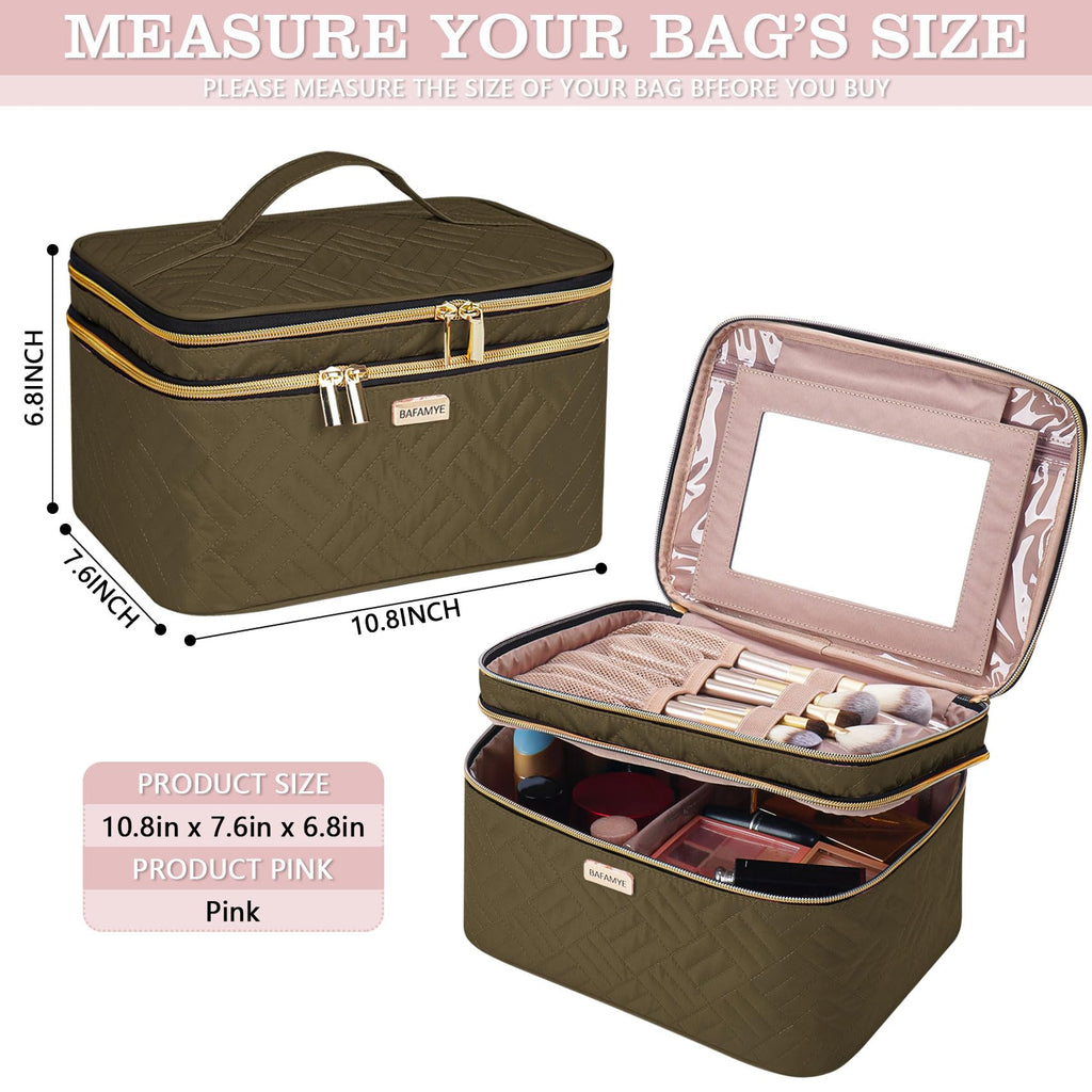 BAFAMYE 8.8L Double Layer Travel Makeup Bag With Mirror For Women, Large Cosmetic Case, Organizer for Travel-Size Accessories Bottles, Brushes,and Skin Care Products, 2.33 GAL, Brown…