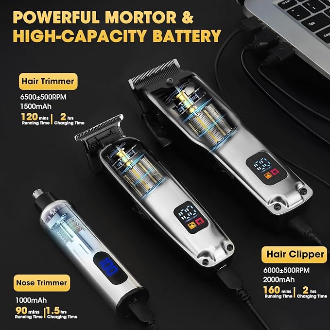 Dumite Hair Clippers for Men,4 in 1 Professional Hair Clippers T-Blade Trimmer Electric Foil Shaver Nose Hair Trimmer Set,Cordless Barber Hair Cutting Men’s Grooming Kit LCD Display Gifts (Silver)