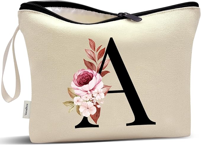 Vavabox A-Z Personalized Makeup Bag, Birthday Gifts for Women Mom, Gifts for Best Friend, Bride Bridesmaid Cosmetic bag (A, Cream Yellow)