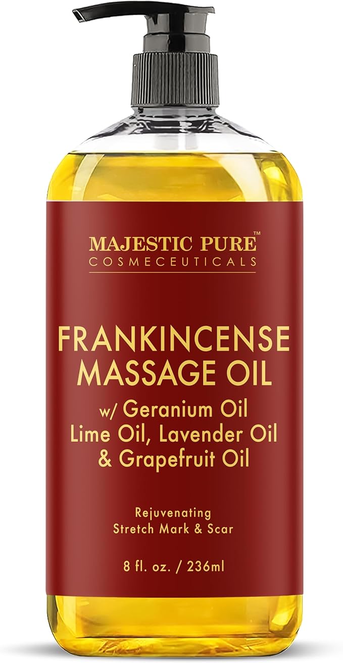 MAJESTIC PURE Frankincense Scar & Stretch Massage Oil for Massage Therapy- Refreshing and Relaxing- Natural Oils with Frankincense Essential Oil- All Skin Types- Men and Women Massage Lotion- 8 fl oz
