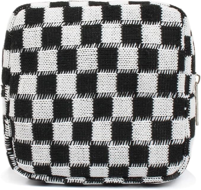 FFpaw Small Black Makeup Bag for Purse, Mini Checkered Cosmetic Bag Zipper Cute Make Up Pouch Travel Toiletry Bag Quilted Aesthetic Accessories Makeup Storage Bag Organizer for Women Girls