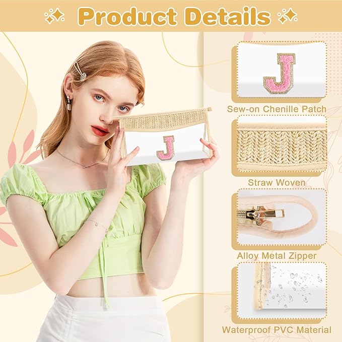 Small Boho Straw Initial Letter Makeup Bag Personalized Gift,Cute Clear Chenille Patch Makeup Bag With Zipper,Trendy TSA Approved Travel Toiletry Bag,Gift for Women Girls Birthday Friend, Letter J