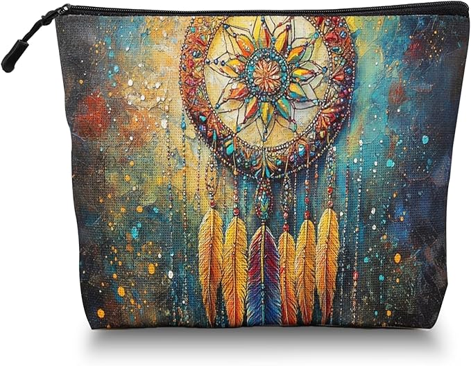 Scribesense Cosmetic Bags Travel Makeup Toilet Case Waterproof Pouch for Women Girls 6.7X9.45inches - Ornate Dreamcatcher With Colorful Feathers And Beads