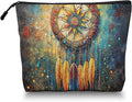 Scribesense Cosmetic Bags Travel Makeup Toilet Case Waterproof Pouch for Women Girls 6.7X9.45inches - Ornate Dreamcatcher With Colorful Feathers And Beads