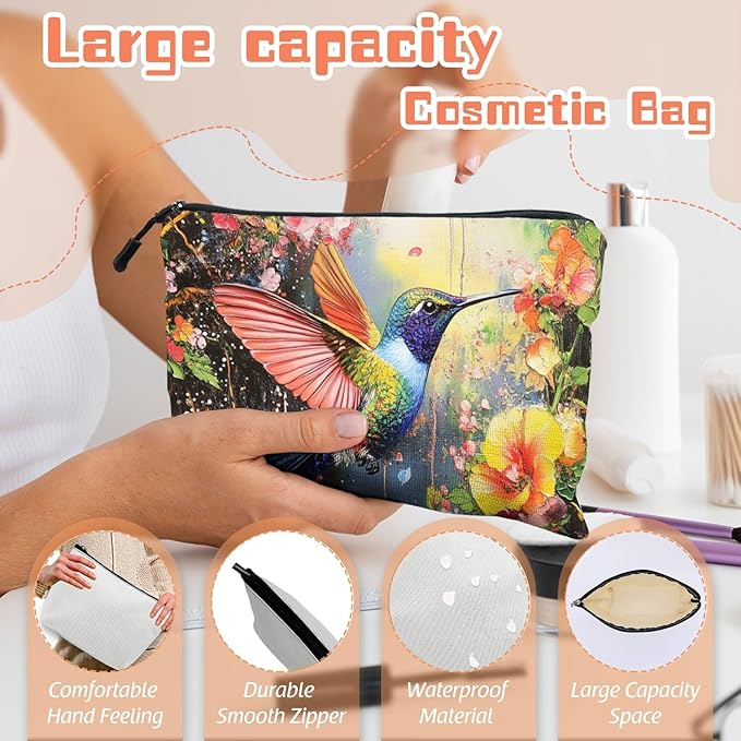 Scribesense Cosmetic Bags Travel Makeup Toilet Case Waterproof Pouch for Women Girls 6.7X9.45inches - Colorful Hummingbird in A Floral Flight