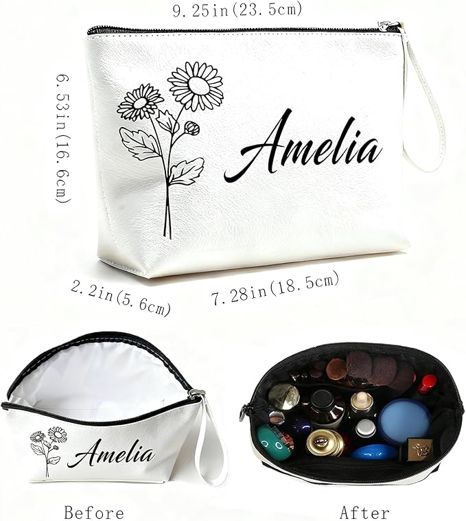 Bliver Personalized Makeup Bag Initial&Birth Flower Custom Small Travel Cosmetic Bag with Name Cute Makeup Bag for Women Girls