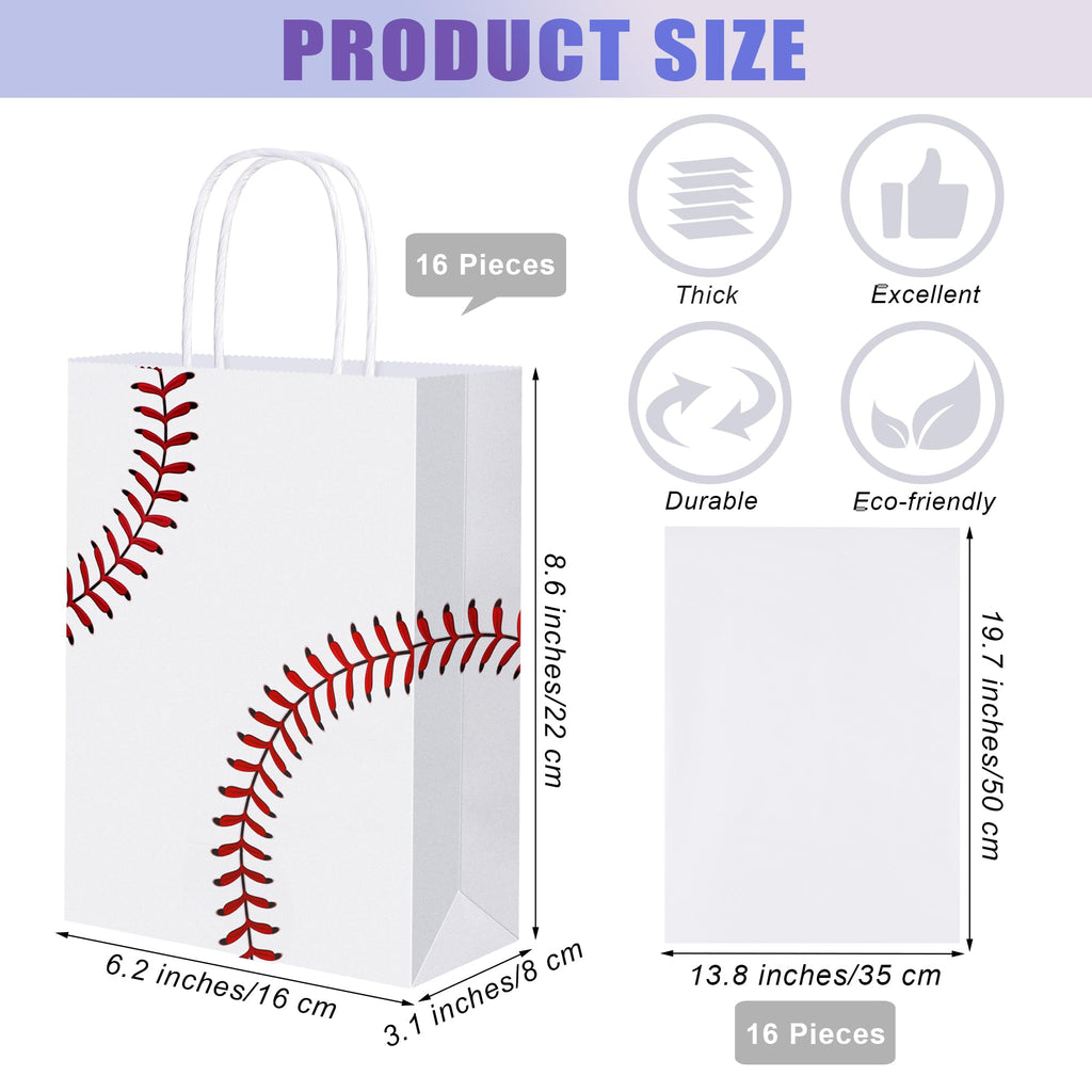 durony 16 Pieces Baseball Party Favor Bags with Handles Tissue Paper Gift Bags Goodie Candy Treat Bag for Birthday, Baseball Themed Party Supplies (8.6 x 6.2 x 3.1 Inches)