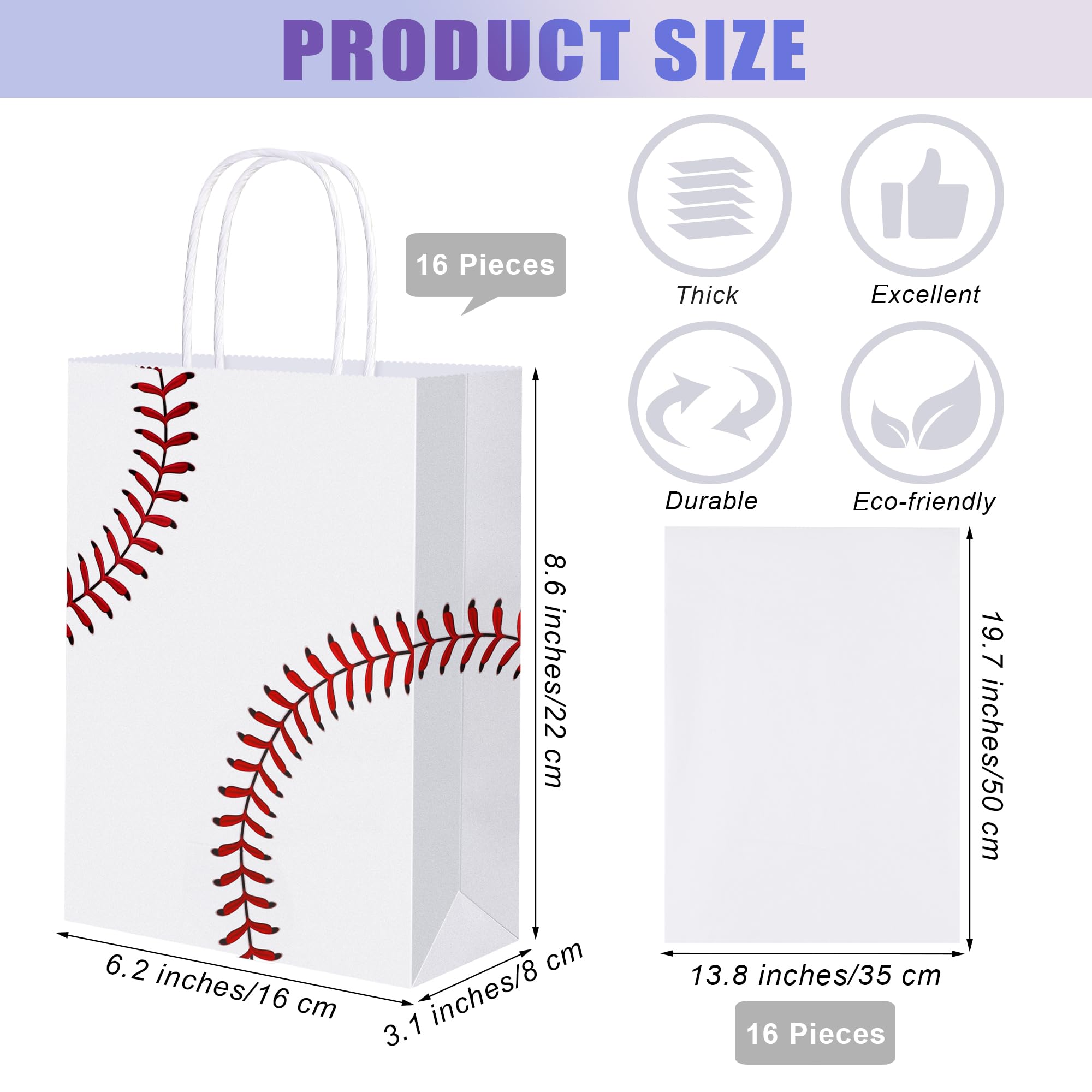 durony 16 Pieces Baseball Party Favor Bags with Handles Tissue Paper Gift Bags Goodie Candy Treat Bag for Birthday, Baseball Themed Party Supplies (8.6 x 6.2 x 3.1 Inches)