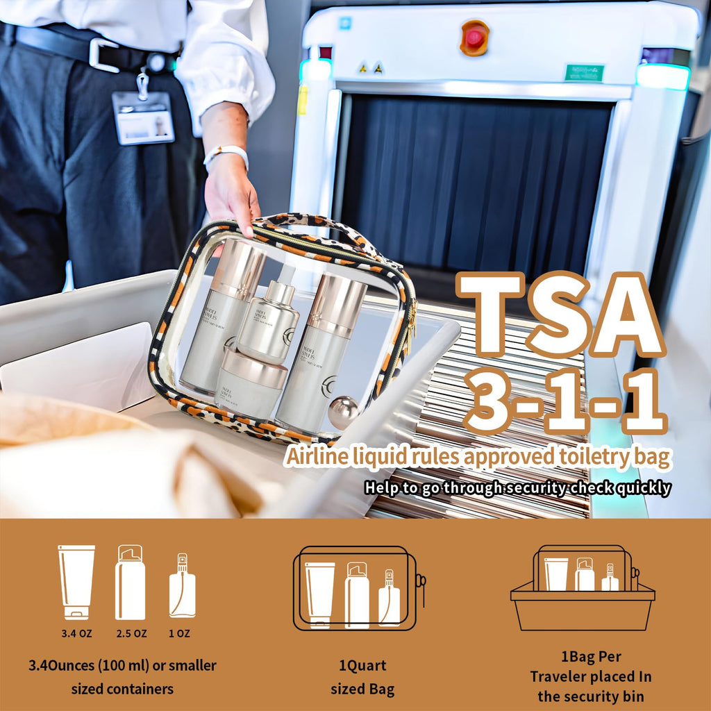 FAYORORY TSA Approved Travel Toiletry Bag,3 Pack Clear Makeup Bags with Handles,Quart Size Clear Cosmetic Bags for Traveling Women,Men,Carry on Airport Airline Compliant Bag,Leopard