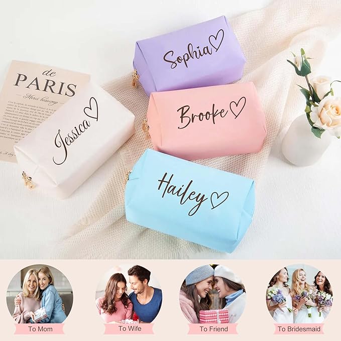 Fincekoom Personalized Makeup Bag with Name & Birth Flower, Custom Leather Cosmetic Bags for Women, Customized Travel Toiletry Bag Gifts for Bridesmaid Wedding
