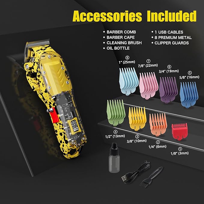 Tuanchuanrp Professional Hair Clippers for Men, Cordless Barber kit for Hair Cutting & Grooming, Hair Clippers Set for Barber Haircut with LED Display 8 Fade Taper Combs(Yellow)
