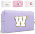 HENGNI Small Personalized Letter Makeup Bag, Cute PU Leather Chenille Letters Cosmetic Bag Travel Makeup Pouch, Preppy Travel Organizer Zipper Pouch for Women&Girls（Purple-W）