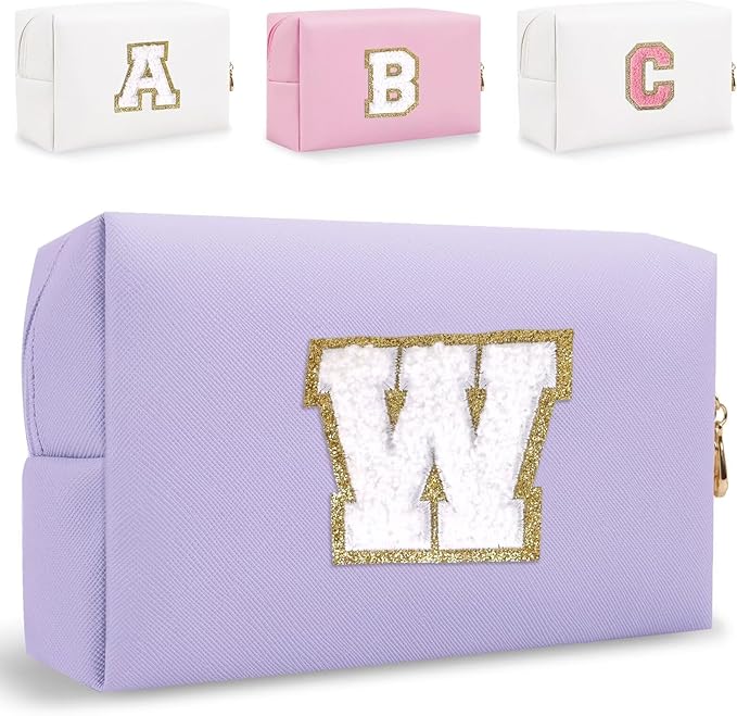 HENGNI Small Personalized Letter Makeup Bag, Cute PU Leather Chenille Letters Cosmetic Bag Travel Makeup Pouch, Preppy Travel Organizer Zipper Pouch for Women&Girls（Purple-W）