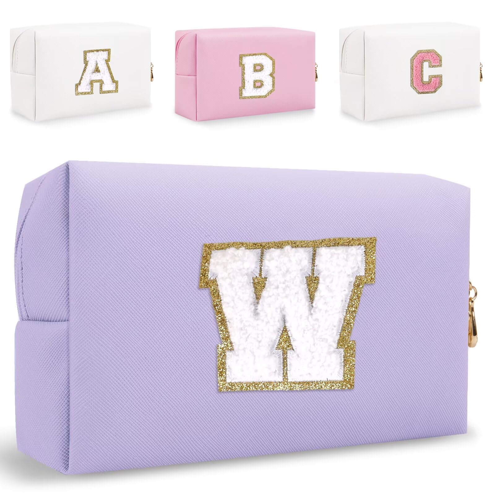 HENGNI Small Personalized Letter Makeup Bag, Cute PU Leather Chenille Letters Cosmetic Bag Travel Makeup Pouch, Preppy Travel Organizer Zipper Pouch for Women&Girls（Purple-W）