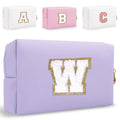 HENGNI Small Personalized Letter Makeup Bag, Cute PU Leather Chenille Letters Cosmetic Bag Travel Makeup Pouch, Preppy Travel Organizer Zipper Pouch for Women&Girls（Purple-W）