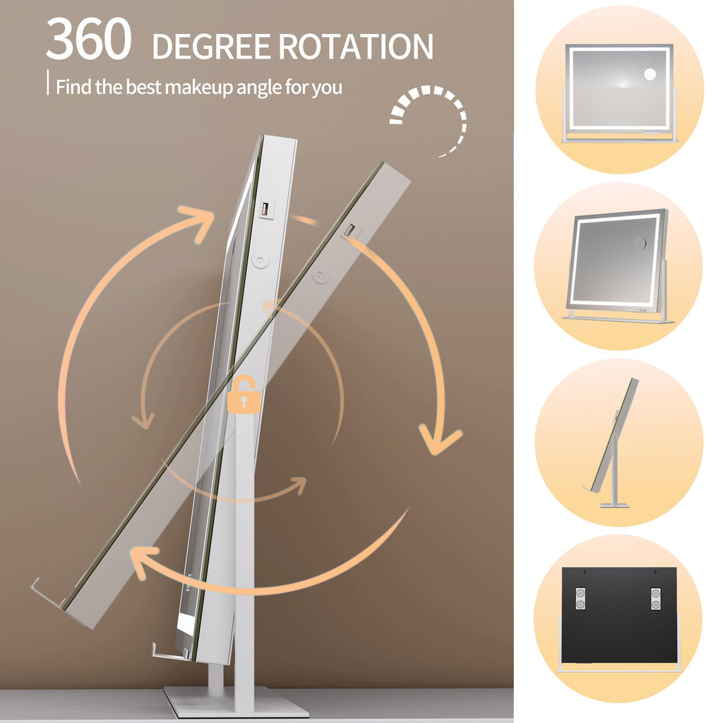 Hasipu Vanity Mirror with Lights, 25.6" x 21.3" LED Makeup Mirror, Light up Mirror with 10X Magnification and Phone Holder, USB Charging Port, Smart Touch 3 Colors Dimmable, 360° Rotation (White)