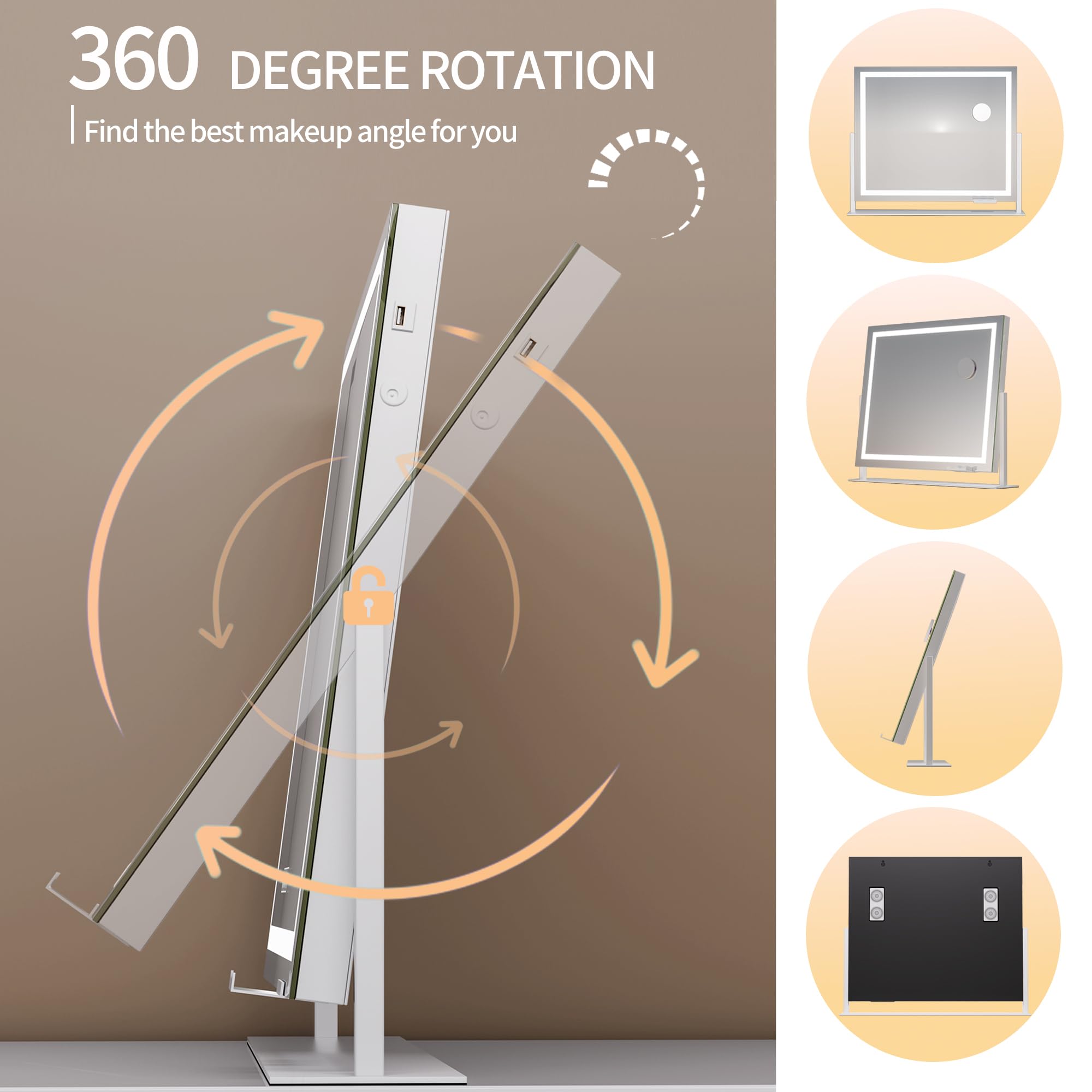 Hasipu Vanity Mirror with Lights, 25.6" x 21.3" LED Makeup Mirror, Light up Mirror with 10X Magnification and Phone Holder, USB Charging Port, Smart Touch 3 Colors Dimmable, 360° Rotation (White)