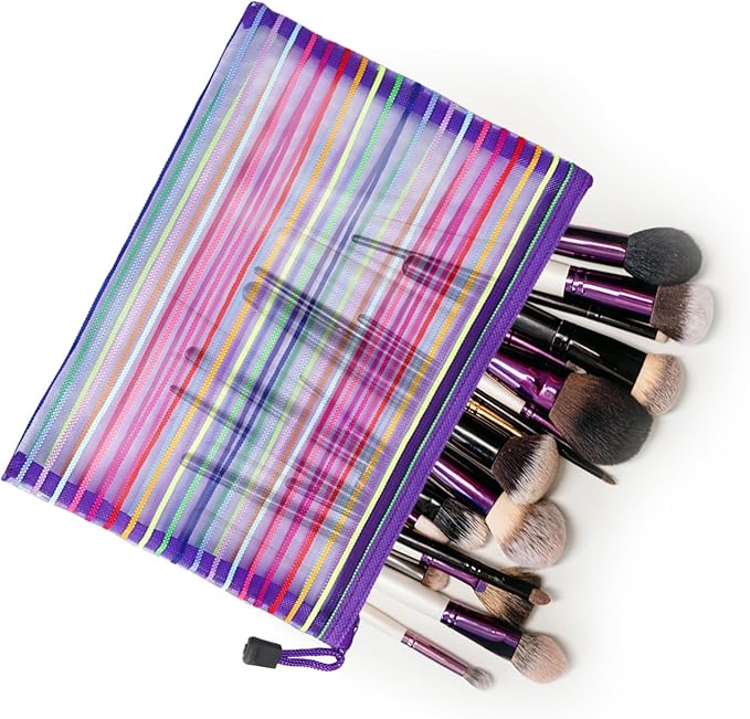 CarryEpic Mesh Bags with Zipper (6 Pack), Nylon Makeup Bag Cosmetic Pouches Travel Organizer Case for Purse Diaper Bag Home Organizing Striped Multi Size Purple