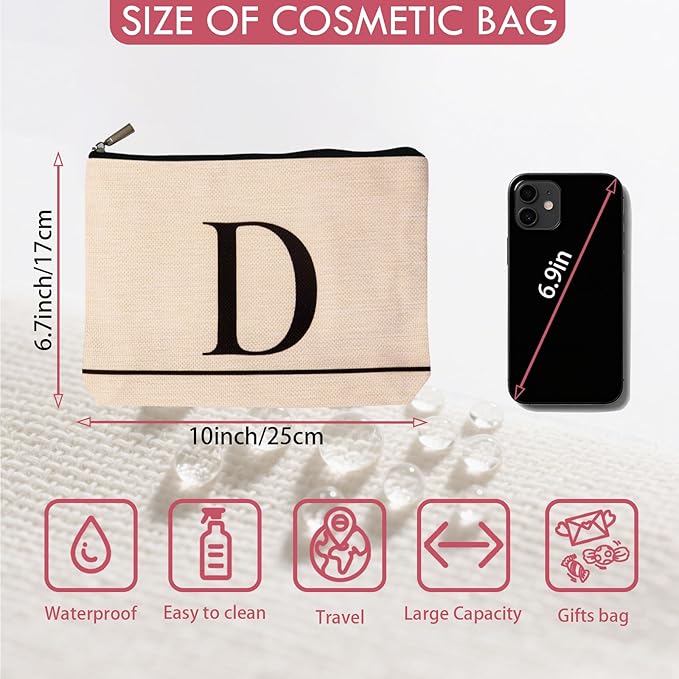 HDYHDY Letter A-Z Initial Personalized Makeup Bags, Birthday Gifts for Women, Monogrammed Gifts for Women Mom Sister Best Friend Bride Bridesmaid, Mothers Day, Christmas, Small Travel Cosmetic Bag (D)