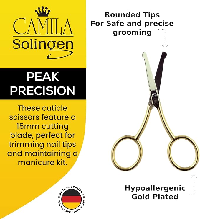 Camila Solingen CS06 Professional Hypoallergenic Gold Plated Rounded Safety Tip Scissors for Facial, Body & Nostril Hair. for Men Women & Kids. Made of Durable Carbon Steel in Solingen, Germany