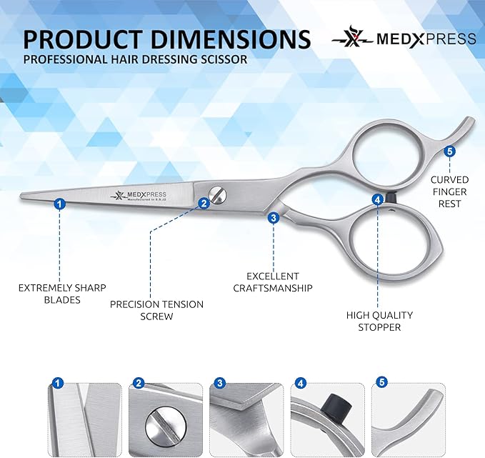 Medxpress Hair Cutting Scissors 5.5" Stainless Steel Styling Shears Japanese Style for Hair Cutting Professional Barber Scissors for Hair Salon and Home Sharp Trim Scissors Ideal for Women and Men.