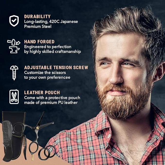 Ontaki Beard & Mustache Scissors & Combs for Men - 4.2" Black