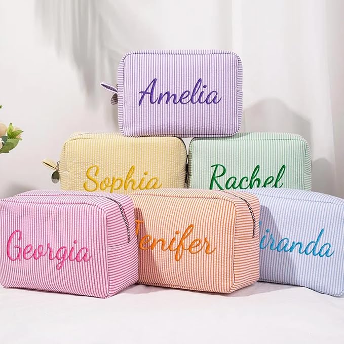 Yofair Personalized Makeup Bag with Name, Bridesmaid Gifts Large Capacity Travel Toiletry Case Custom Seersucker Cosmetic Bags Wedding Birthday Gifts for Girls Women