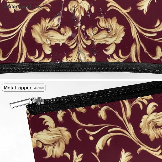 Meaudiwes Fashion Zipper Cosmetic Case, Portable Makeup Case, Personality Toiletry Bag, Flower Maroon Gold Floral Classy Burgundy Antique Travel Cosmetic Toiletry Bag