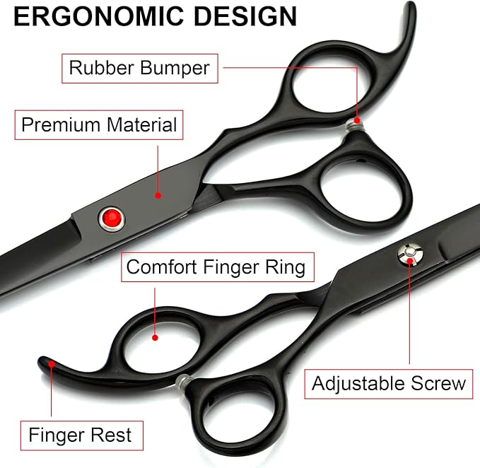 TINMARDA Dog Grooming Kit, Titanium Black Stainless Steel Dog Grooming Scissors with Curved Shears, Black Finger Rings - 5 Piece Sharp Durable Pet Shears for Dogs Cats At Home Salon-Quality Grooming