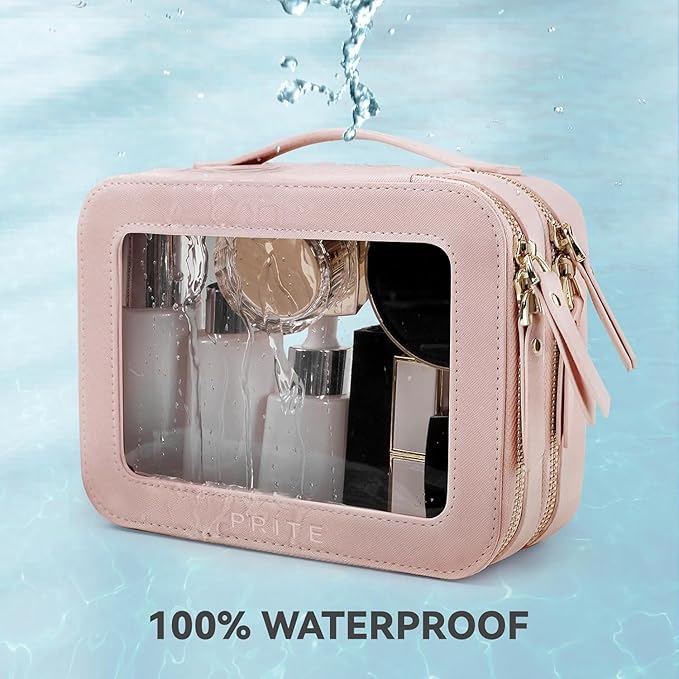 Prite Double Layer Clear Makeup Bag Travel Cosmetic Organizer for Women
