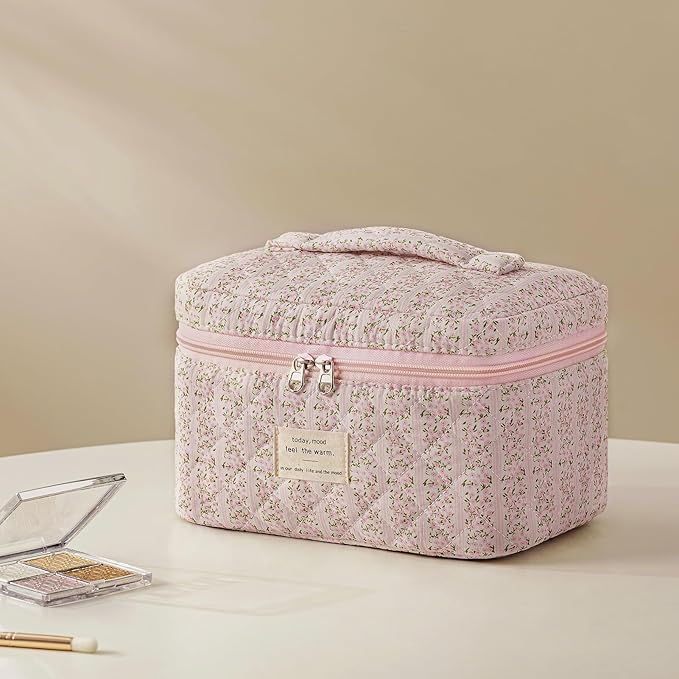 HBselect Quilted Makeup Bag, 3Pcs Cotton Large Travel Makeup Bags Organizer