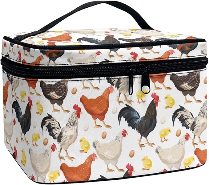 Drydeepin Cute Farm Chicken Rooster Print Travel Makeup Bag for Women Large Capacity Cosmetic Bags with Zipper And Handle Make Up Tote Bags Organizer Portable Brushes Case Toiletry Bags