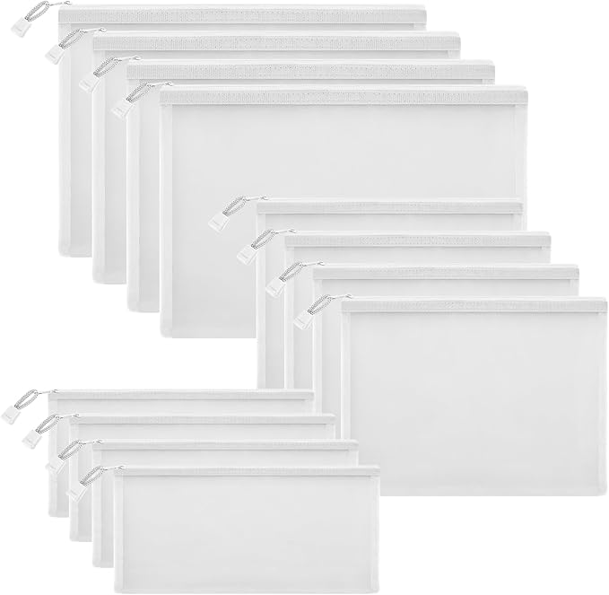 Sinzip 12 Pieces Zipper Nylon Mesh Pouch, Mesh Cosmetic Bags Makeup Bags Pencil Case, Multipurpose Travel Bags for Cosmetic School Office Supplies and Travel Accessories (White, Assorted Sizes)