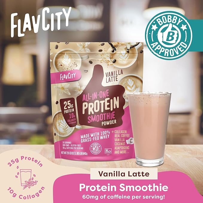 FlavCity All in One Protein Shake Powder, Vanilla Latte - 60mg Caffeine + Collagen Peptides, Reishi & Cordyceps - Focus, Skin, Hair & Joint Support - 100% Grass Fed Whey, 20 Servings