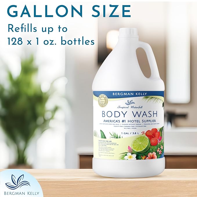 BERGMAN KELLY Refill Gallon Size Body Wash (128 fl oz, Tropical Waterfall Scent), Delight Your Guests with an Invigorating and Refreshing Body Wash, Quality Guest Hotel Toiletries in Bulk, F. 1 Pack