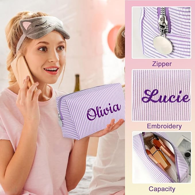 Ajiangwu Personalized Makeup Bag with Embroidered Name&Birth Flower for Bridesmaid Gifts,Custom Small Travel Cosmetic Bag Toiletry Bag Wedding Gifts for Bride