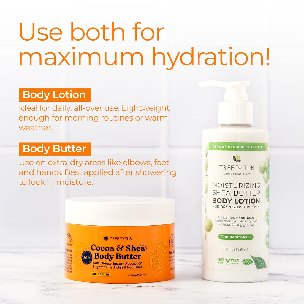 Tree To Tub Shea Body Butter for Dry, Extremely Dry, Sensitive Skin - Moisturizing Body Cream for Women & Men, Hydrating Body Lotion Moisturizer w/Vitamin C, Organic Cocoa, Citrus Scent