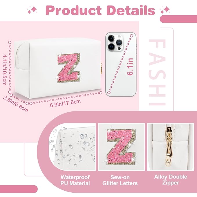 Small Initial Patch Makeup Bag Personalized Gifts Make Up Bag,White Cute PU Leather Glitter Letter Cosmetic Bag with Zipper,Trendy Portable Travel Toiletry Pouch,Preppy Stuff for Teen Girls Women Z