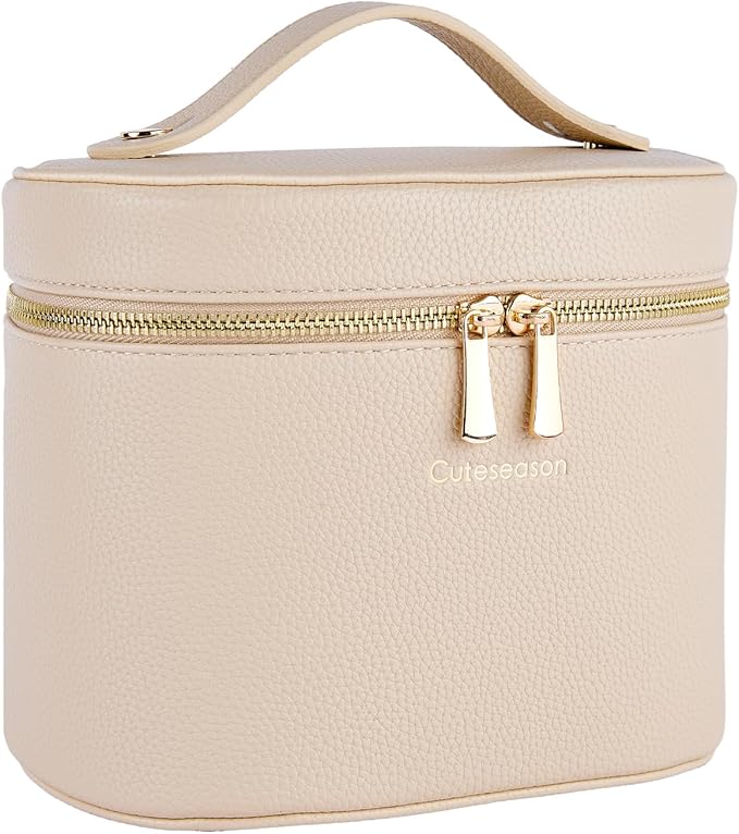 Cuteseason Large Makeup Bag Organizer, PU Leather Makeup Case with Removable Dividers, Waterproof Travel Cosmetic Bag(Light Khaki)