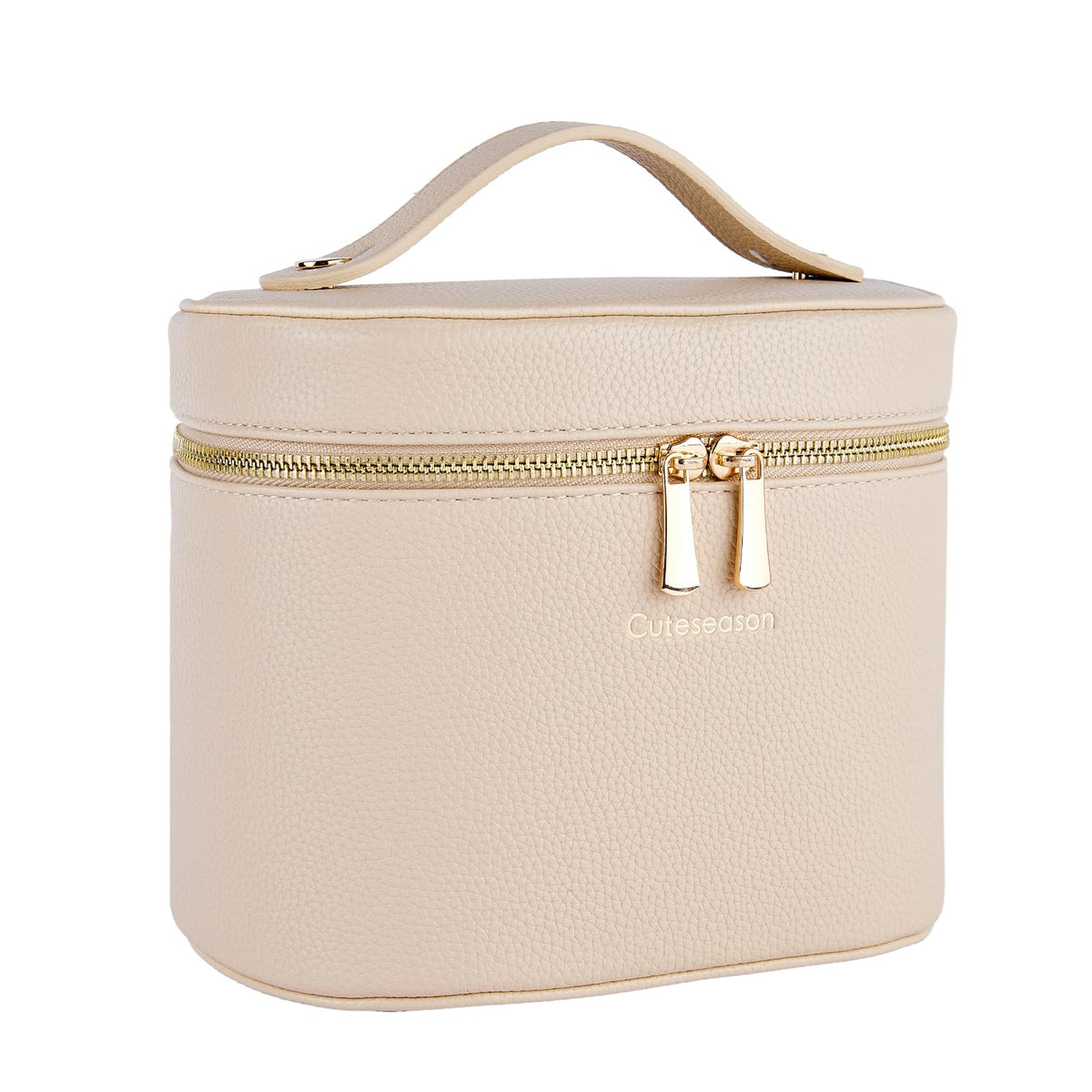 Cuteseason Makeup Bag with Removable Organizer Insert, PU Leather Travel Cosmetic Case with Brush Storage and Carry HandleLight Khaki