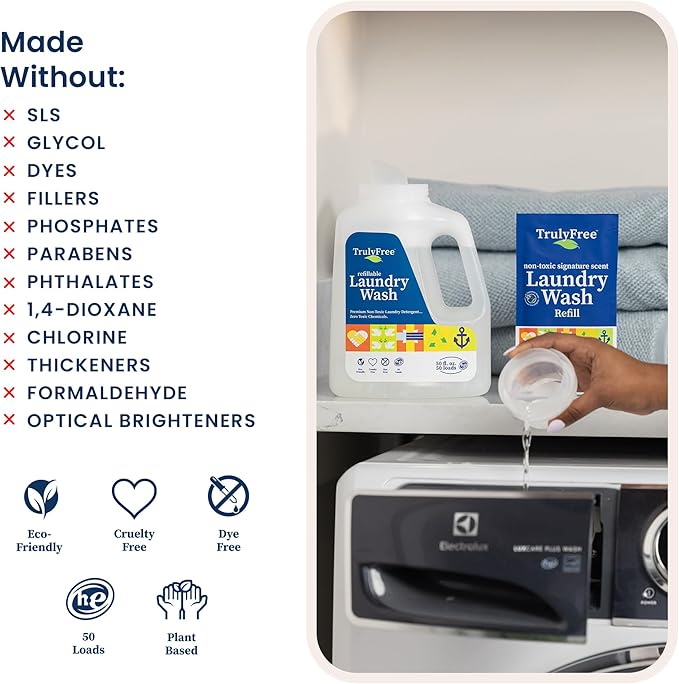 Truly Free Natural Laundry Detergent for Sensitive Skin | Eco Friendly, Plant Based, Baby Clothes Safe | Clean & Easy Powder to Liquid, 1 Empty Reusable Jug + 1 Fill Pack | Signature Scent, 50 Loads