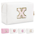 Initial Letter Patch Makeup Bag, Preppy Glitter Letter Pouch Cosmetic Bag,Small PU Travel Toiletry Bag Zipper,Personalized Monogrammed Gift for Friends Sister,Cute Stuff for Women Teen Girls(Letter X)