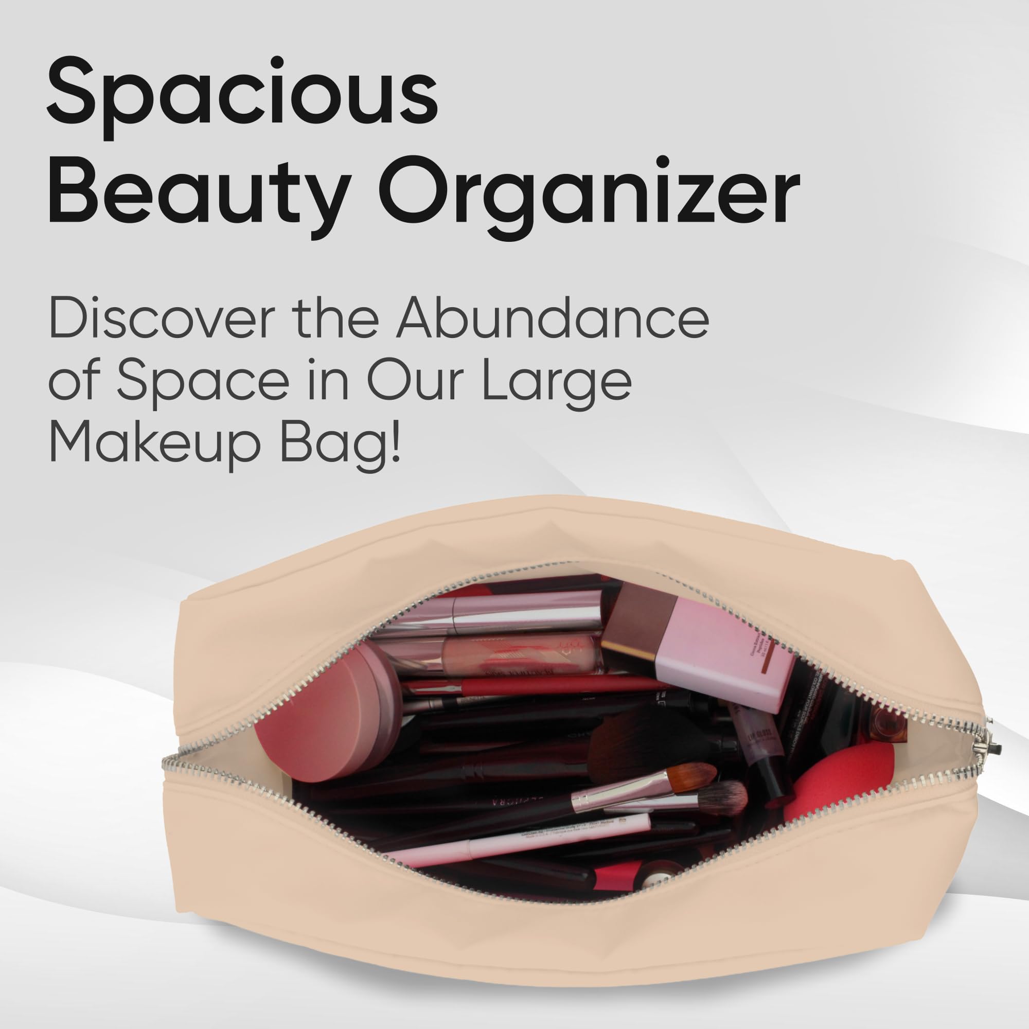 Large Beige Nylon Makeup Pouch - Cosmetic Travel Bag Organizer