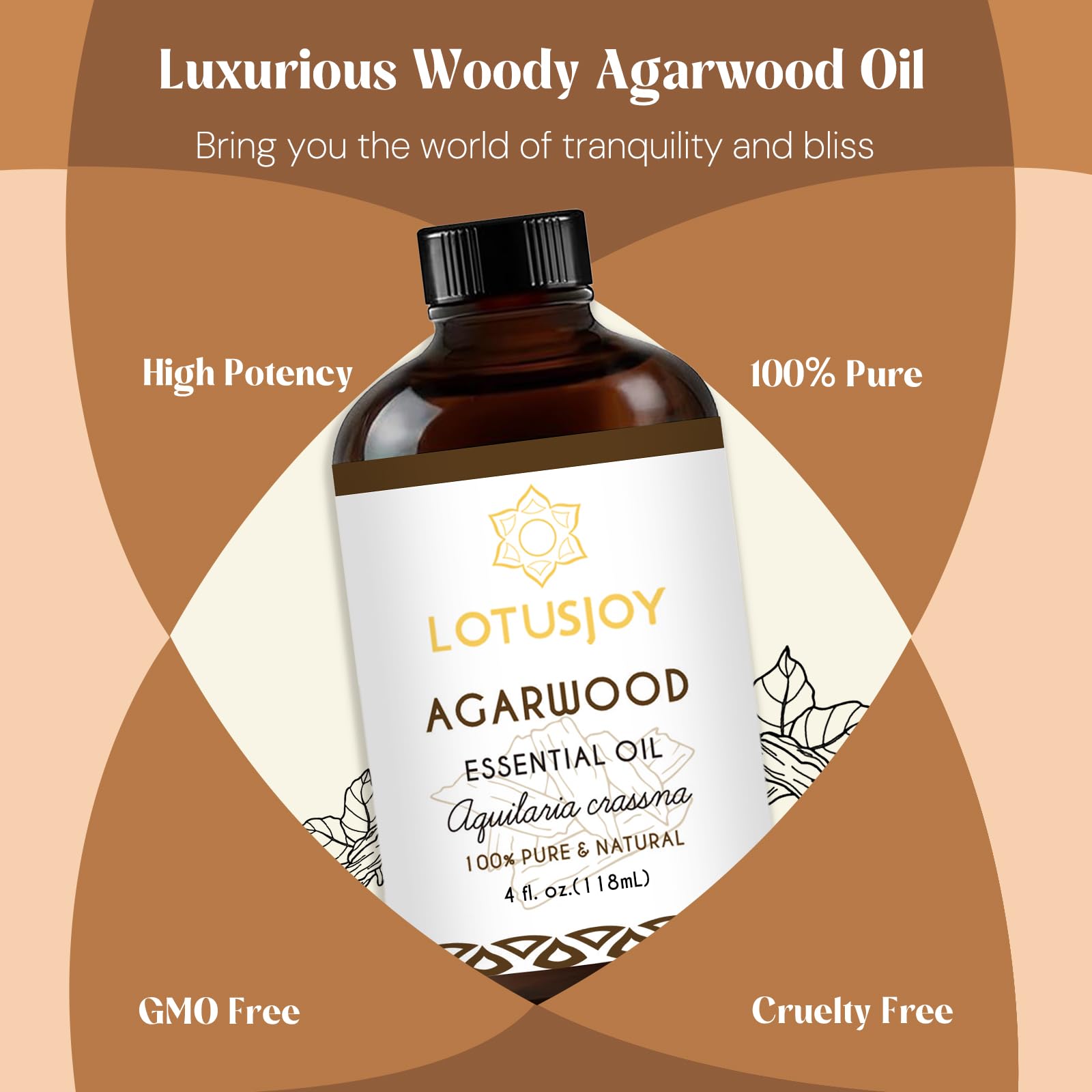 LOTUSJOY Agarwood Essential Oil, for Diffuser, Meditation, Home DIYs - 4 Oz