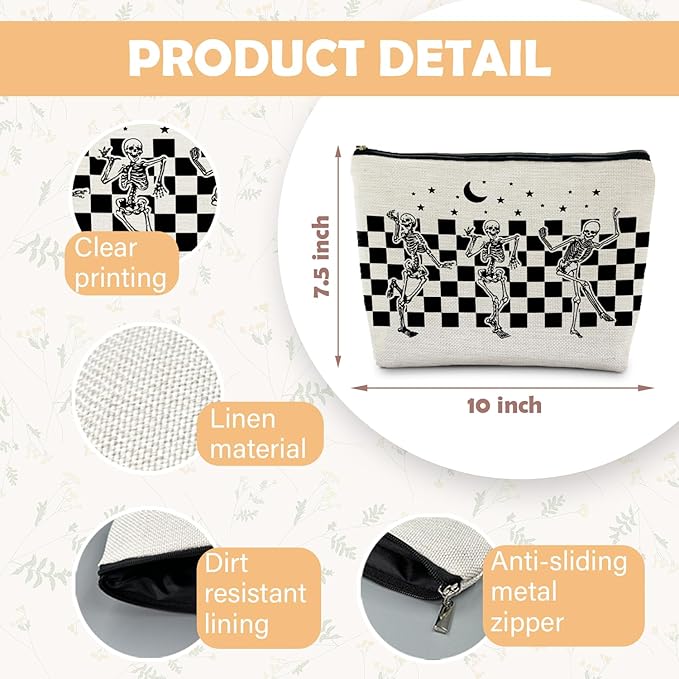 RYYCDOI Funny Gothic Skeleton Makeup Bag - Halloween & Witchy Pouch for Women - Dark Academia & Horror Design (White)